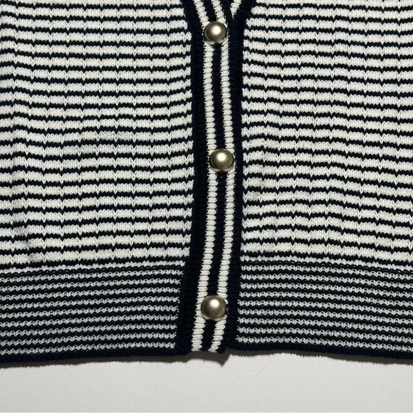 Tahari Knit V-Neck Cardigan; Black/White Stripes; Silver Accents - Women Medium - Picture 6 of 15